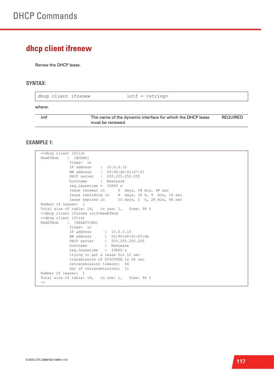 Dhcp client ifrenew, Renew the dhcp lease, Dhcp commands | Syntax, Example 1 | Technicolor - Thomson ST585 V6 User Manual | Page 141 / 834