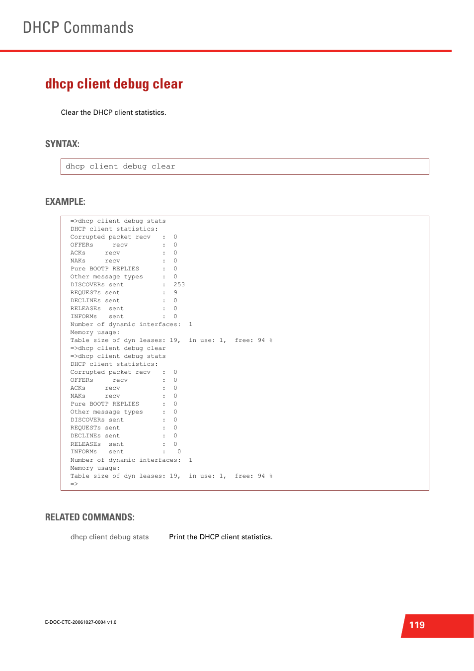 Dhcp client debug clear, Dhcp commands, Syntax: example: related commands | Technicolor - Thomson ST585 V6 User Manual | Page 143 / 834