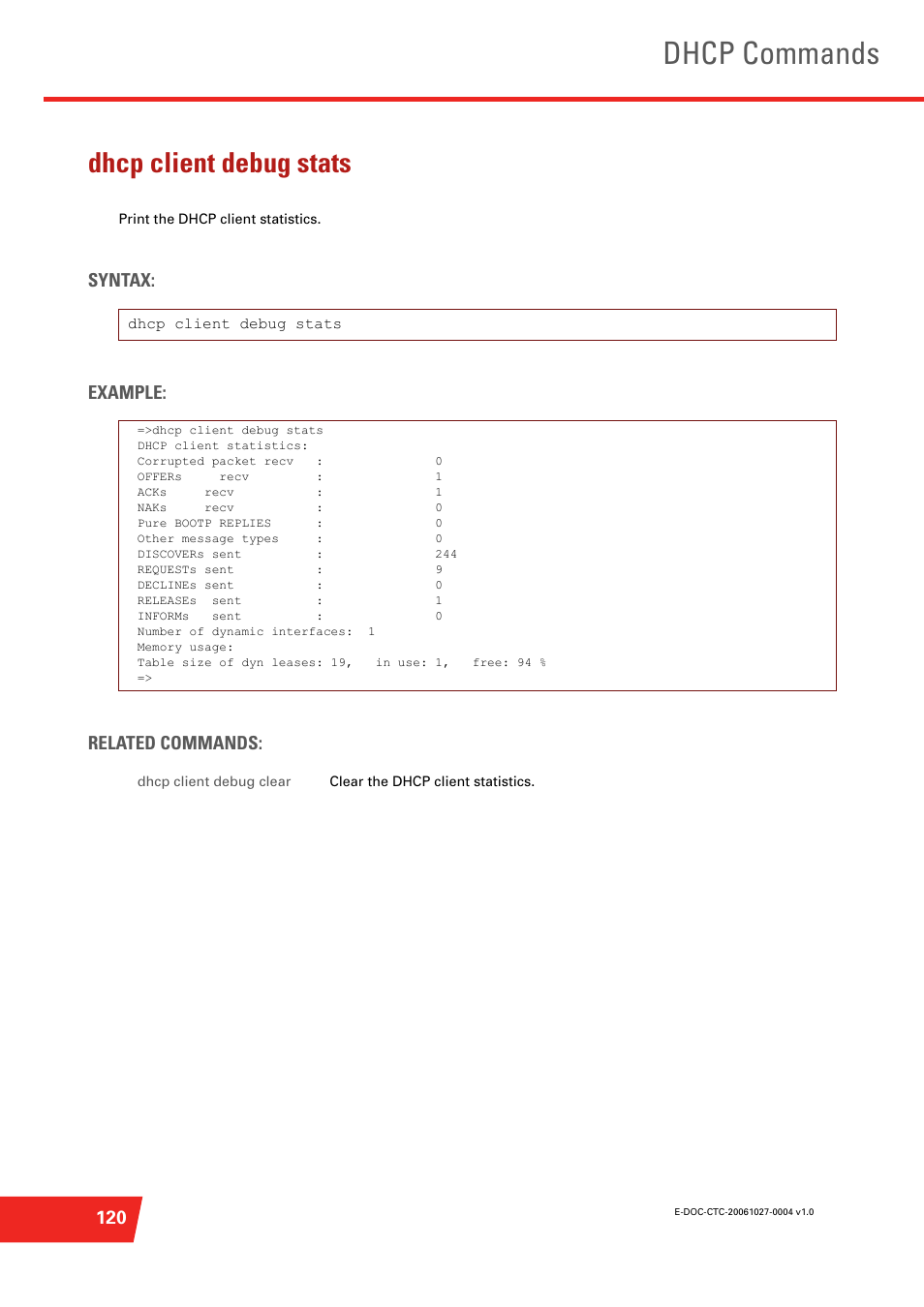 Dhcp client debug stats, Dhcp commands, Syntax: example: related commands | Technicolor - Thomson ST585 V6 User Manual | Page 144 / 834