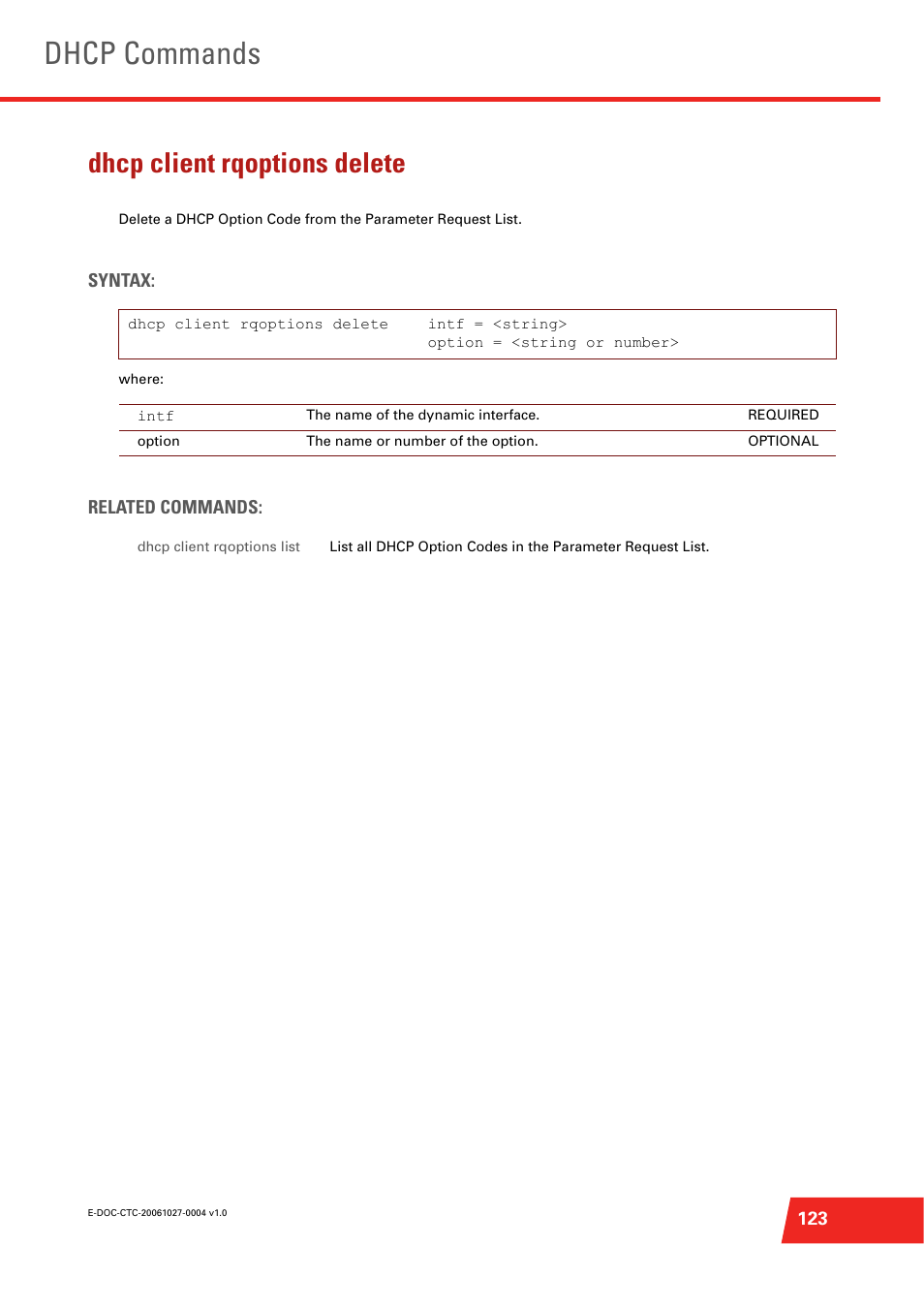 Dhcp client rqoptions delete, Dhcp commands | Technicolor - Thomson ST585 V6 User Manual | Page 147 / 834