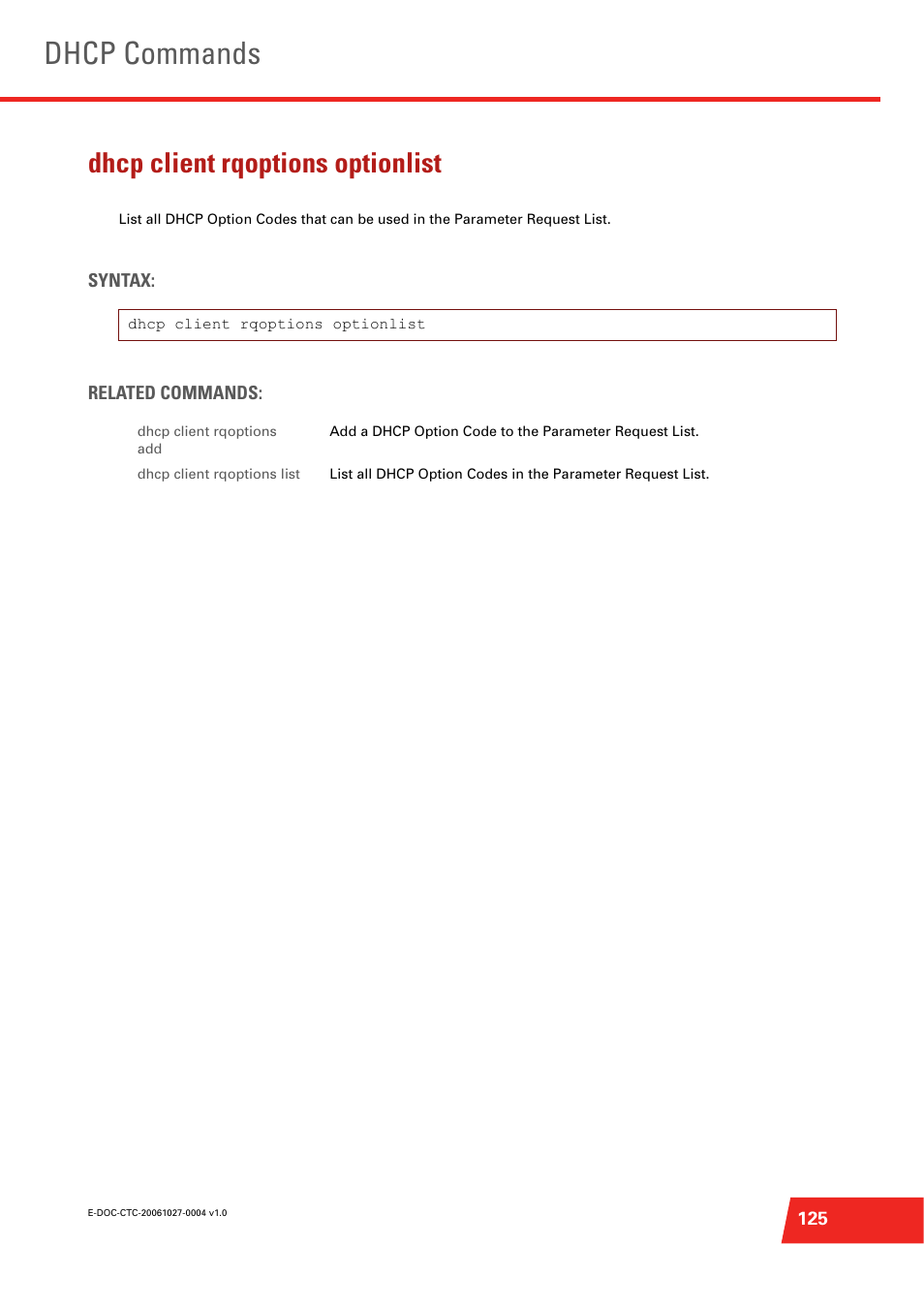 Dhcp client rqoptions optionlist, Dhcp commands | Technicolor - Thomson ST585 V6 User Manual | Page 149 / 834