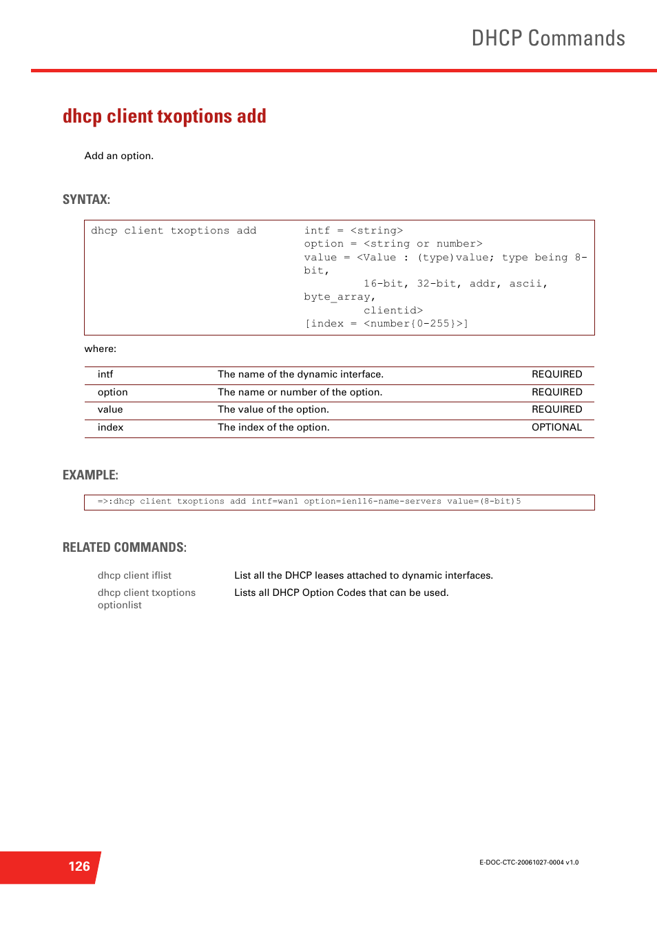 Dhcp client txoptions add, Add an option, Dhcp commands | Technicolor - Thomson ST585 V6 User Manual | Page 150 / 834