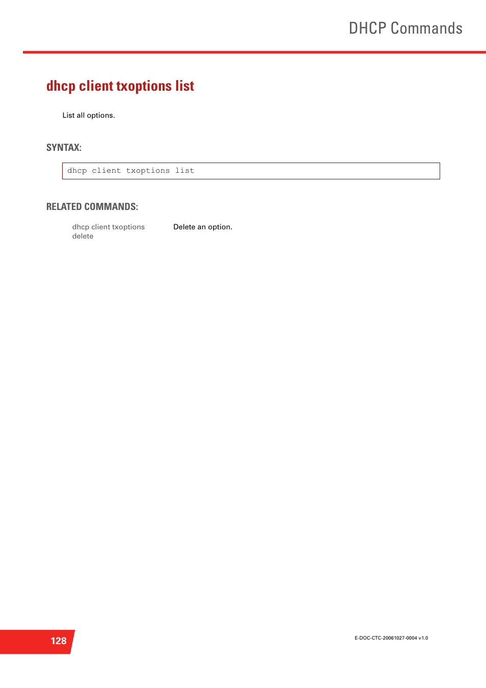 Dhcp client txoptions list, List all options, Dhcp commands | Technicolor - Thomson ST585 V6 User Manual | Page 152 / 834