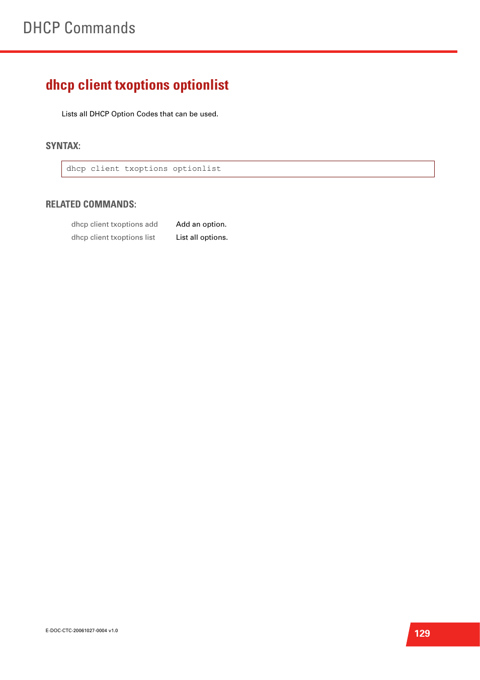 Dhcp client txoptions optionlist, Lists all dhcp option codes that can be used, Dhcp commands | Technicolor - Thomson ST585 V6 User Manual | Page 153 / 834