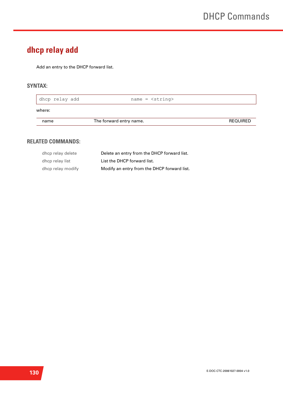 Dhcp relay add, Add an entry to the dhcp forward list, Dhcp commands | Technicolor - Thomson ST585 V6 User Manual | Page 154 / 834