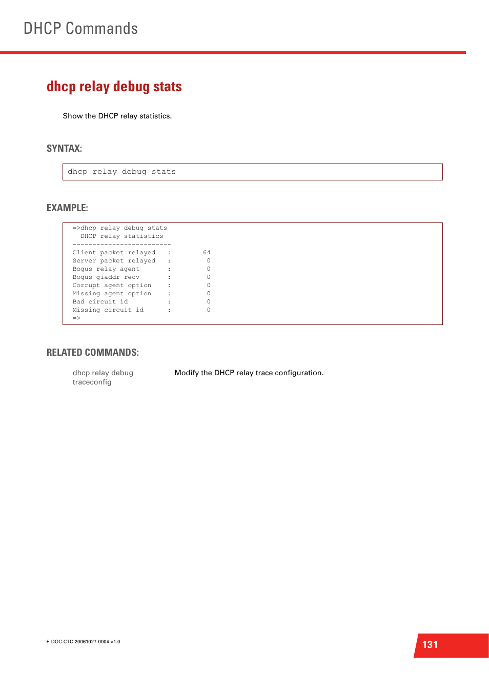 Dhcp relay debug stats, Dhcp commands, Syntax: example: related commands | Technicolor - Thomson ST585 V6 User Manual | Page 155 / 834