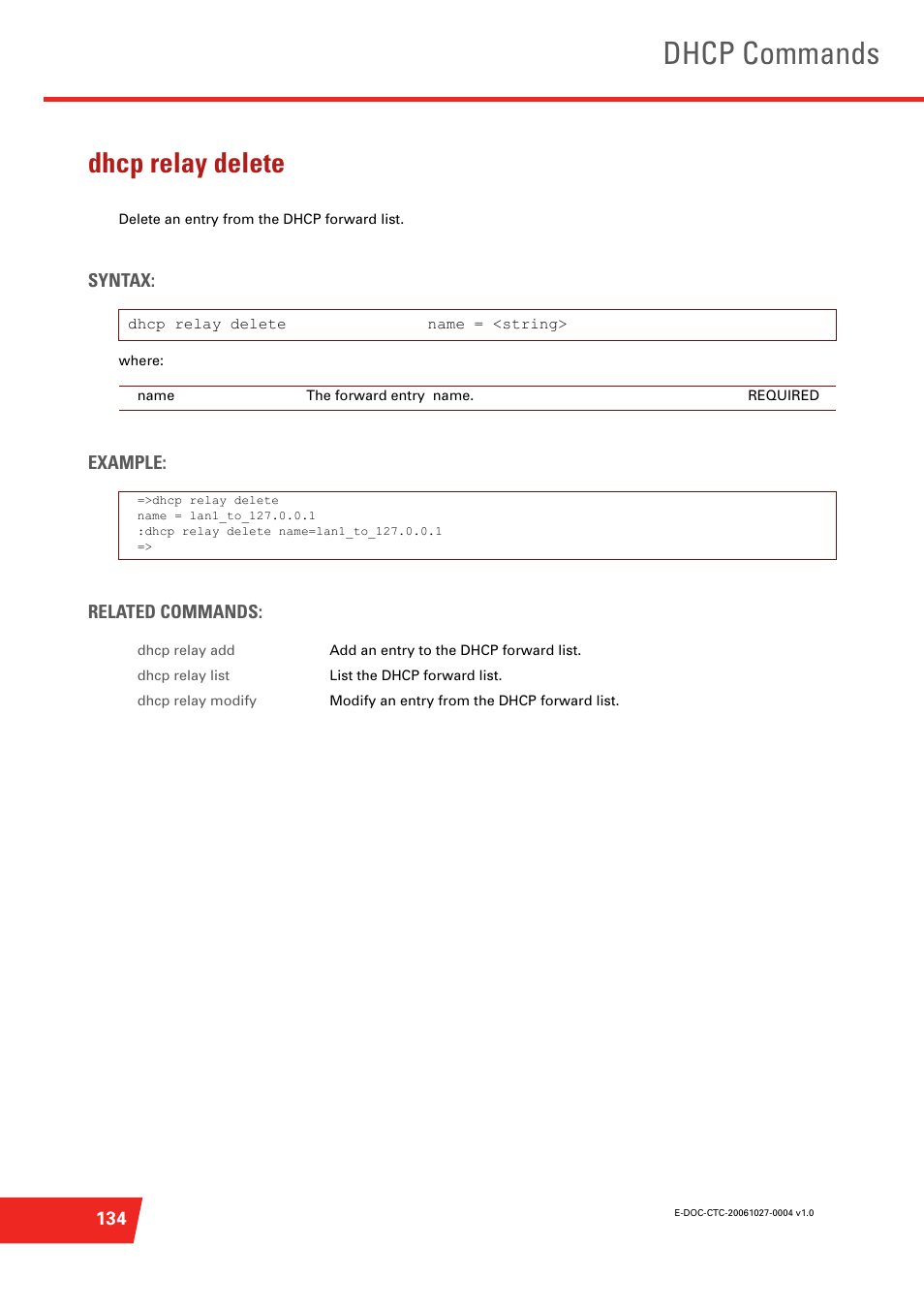 Dhcp relay delete, Delete an entry from the dhcp forward list, Dhcp commands | Technicolor - Thomson ST585 V6 User Manual | Page 158 / 834