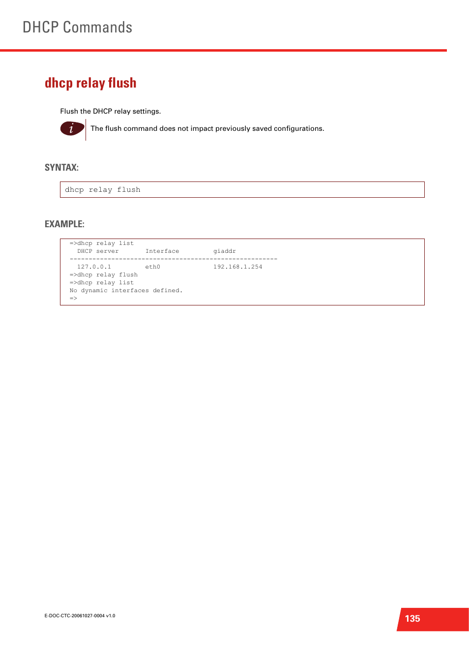 Dhcp relay flush, Flush the dhcp relay settings, Dhcp commands | Technicolor - Thomson ST585 V6 User Manual | Page 159 / 834