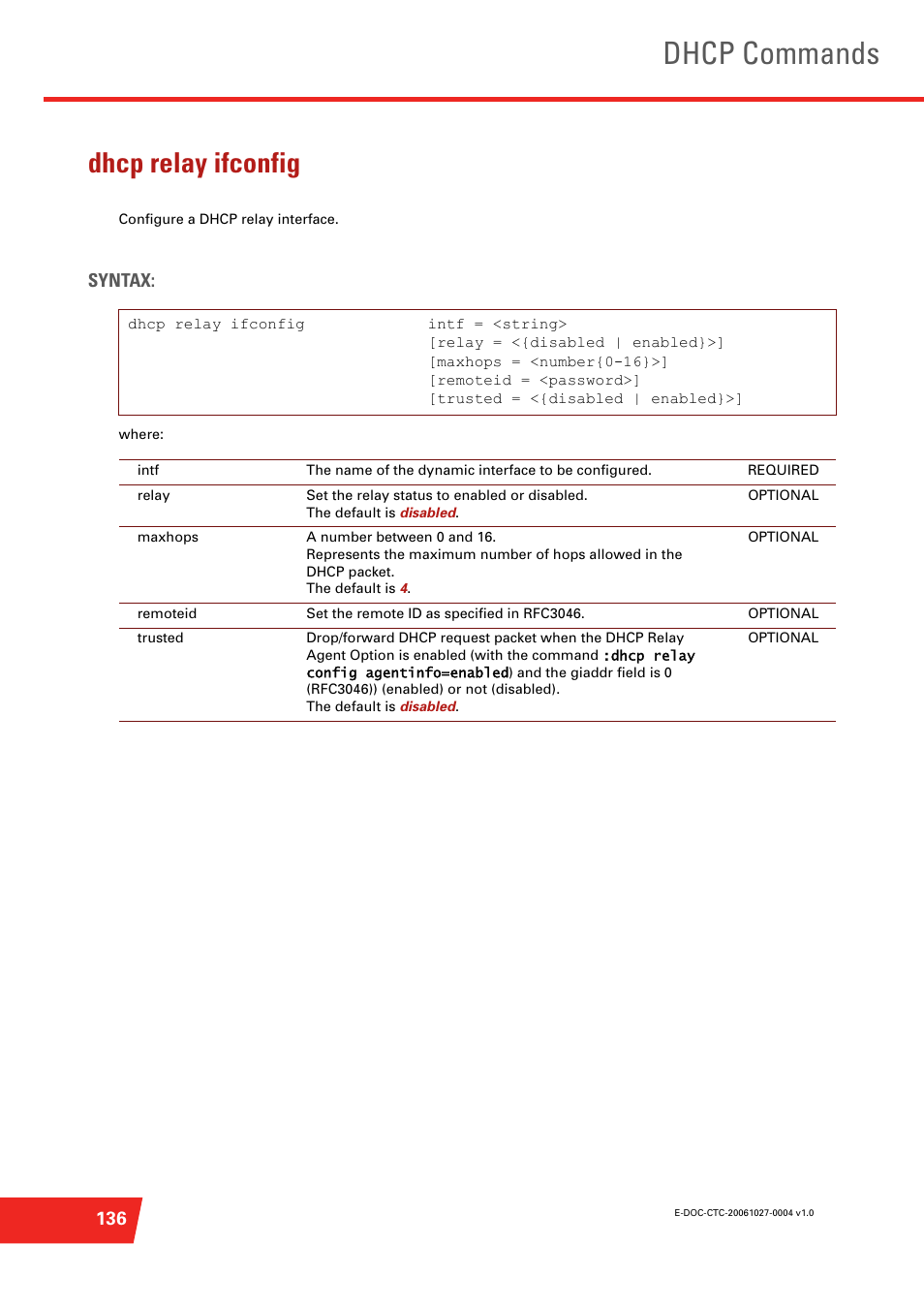 Dhcp relay ifconfig, Configure a dhcp relay interface, Dhcp commands | Syntax | Technicolor - Thomson ST585 V6 User Manual | Page 160 / 834