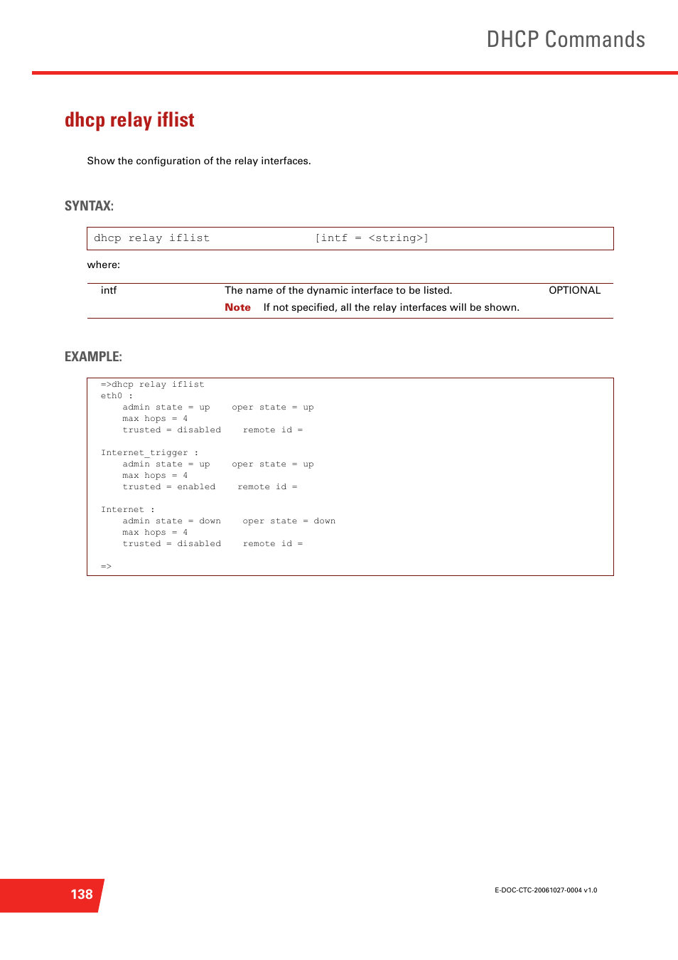 Dhcp relay iflist, Show the configuration of the relay interfaces, Dhcp commands | Syntax, Example | Technicolor - Thomson ST585 V6 User Manual | Page 162 / 834