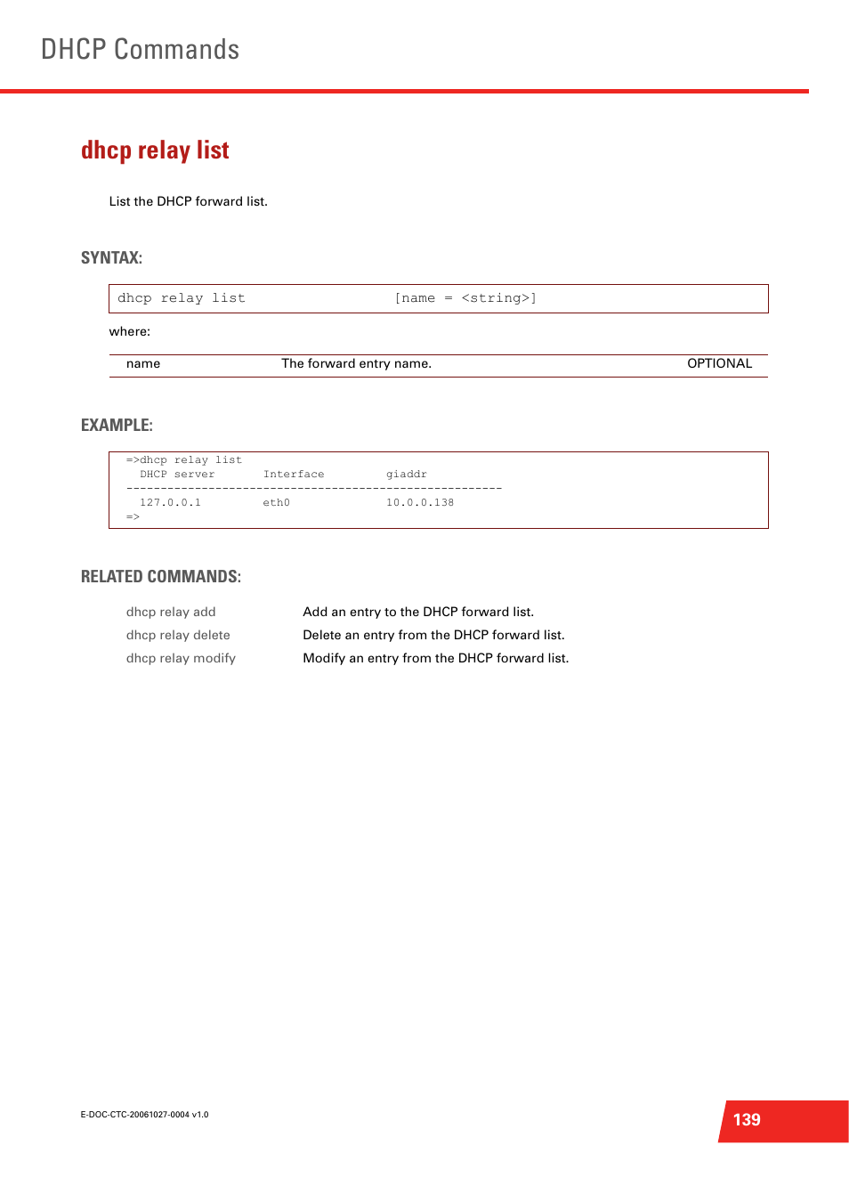 Dhcp relay list, List the dhcp forward list, Dhcp commands | Syntax, Example: related commands | Technicolor - Thomson ST585 V6 User Manual | Page 163 / 834