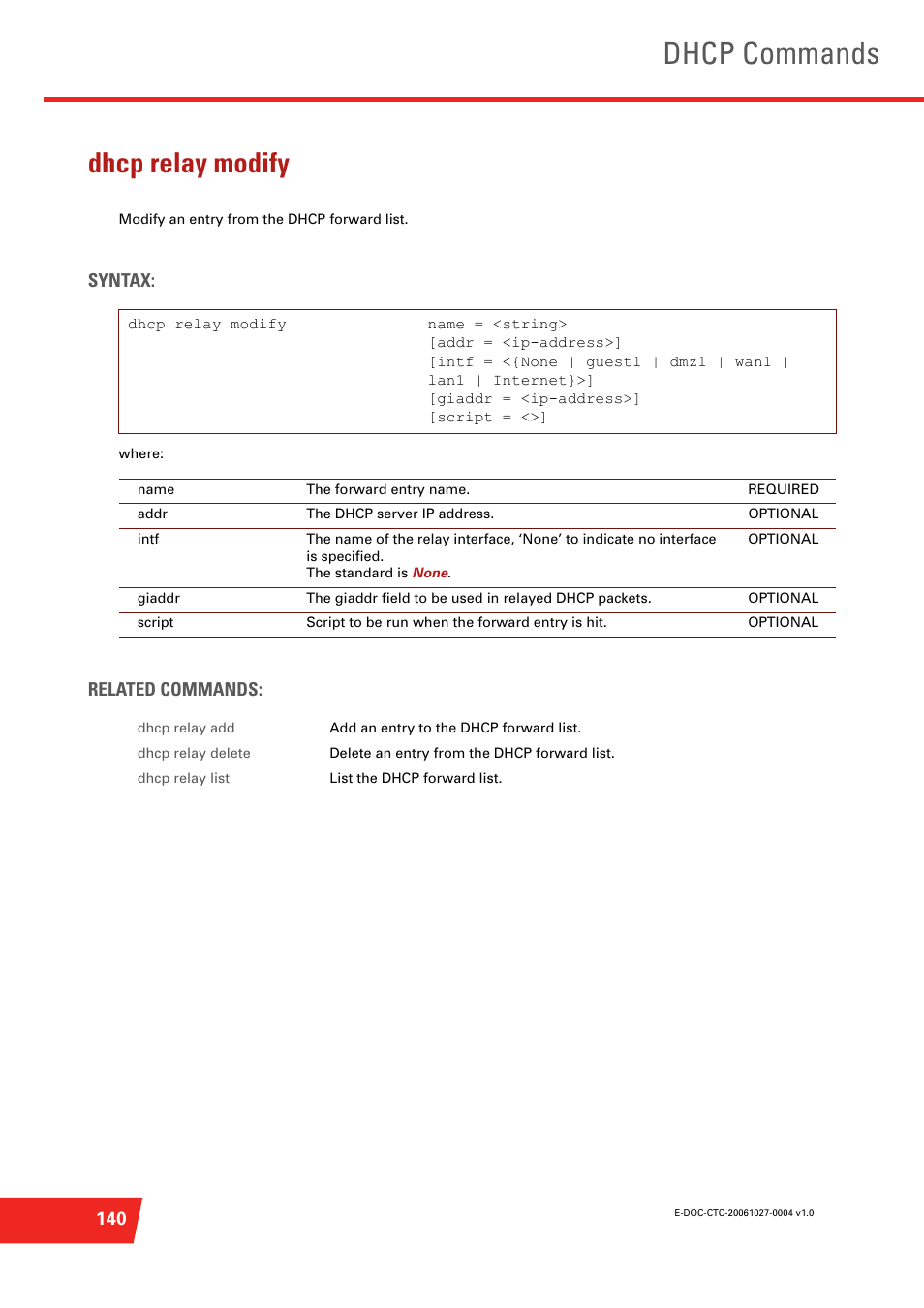 Dhcp relay modify, Modify an entry from the dhcp forward list, Dhcp commands | Syntax, Related commands | Technicolor - Thomson ST585 V6 User Manual | Page 164 / 834