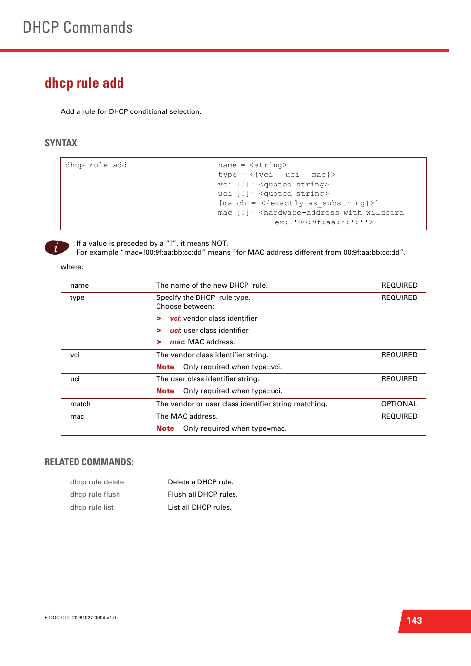 Dhcp rule add, Dhcp commands, Syntax | Related commands | Technicolor - Thomson ST585 V6 User Manual | Page 167 / 834