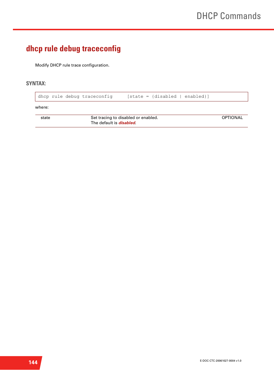 Dhcp rule debug traceconfig, Modify dhcp rule trace configuration, Dhcp commands | Technicolor - Thomson ST585 V6 User Manual | Page 168 / 834