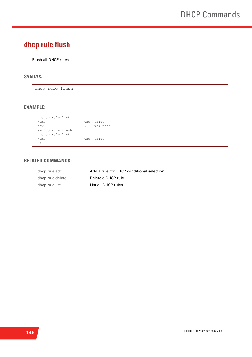 Dhcp rule flush, Flush all dhcp rules, Dhcp commands | Syntax: example: related commands | Technicolor - Thomson ST585 V6 User Manual | Page 170 / 834