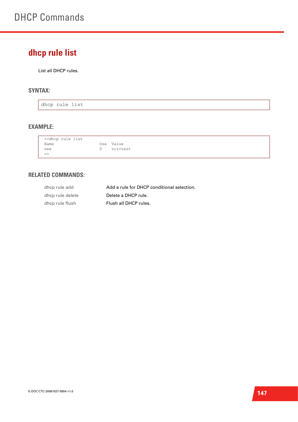 Dhcp rule list, List all dhcp rules, Dhcp commands | Syntax: example: related commands | Technicolor - Thomson ST585 V6 User Manual | Page 171 / 834