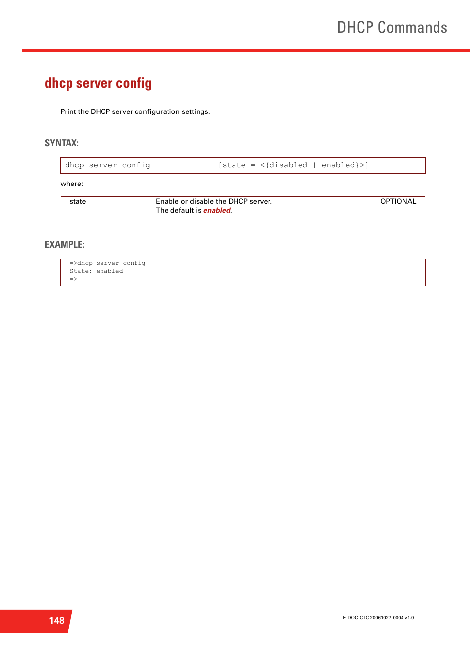 Dhcp server config, Print the dhcp server configuration settings, Dhcp commands | Technicolor - Thomson ST585 V6 User Manual | Page 172 / 834