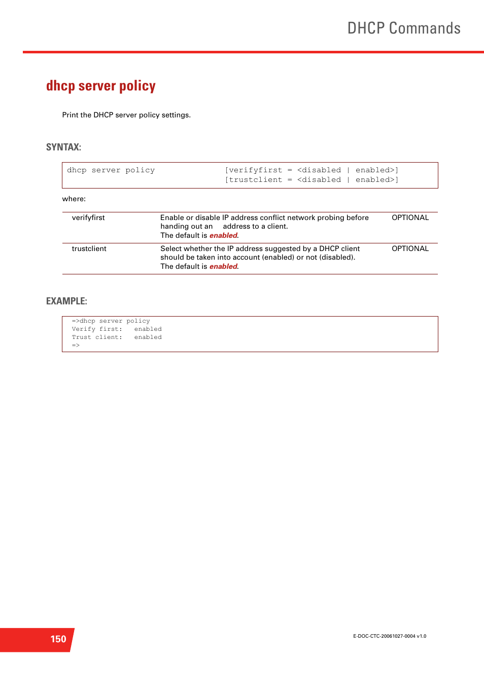 Dhcp server policy, Print the dhcp server policy settings, Dhcp commands | Syntax, Example | Technicolor - Thomson ST585 V6 User Manual | Page 174 / 834