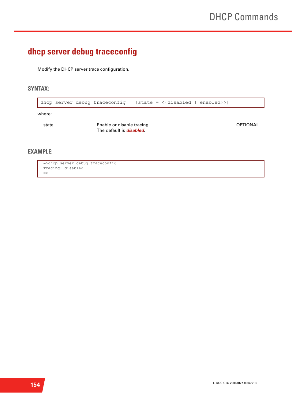 Dhcp server debug traceconfig, Modify the dhcp server trace configuration, Dhcp commands | Technicolor - Thomson ST585 V6 User Manual | Page 178 / 834