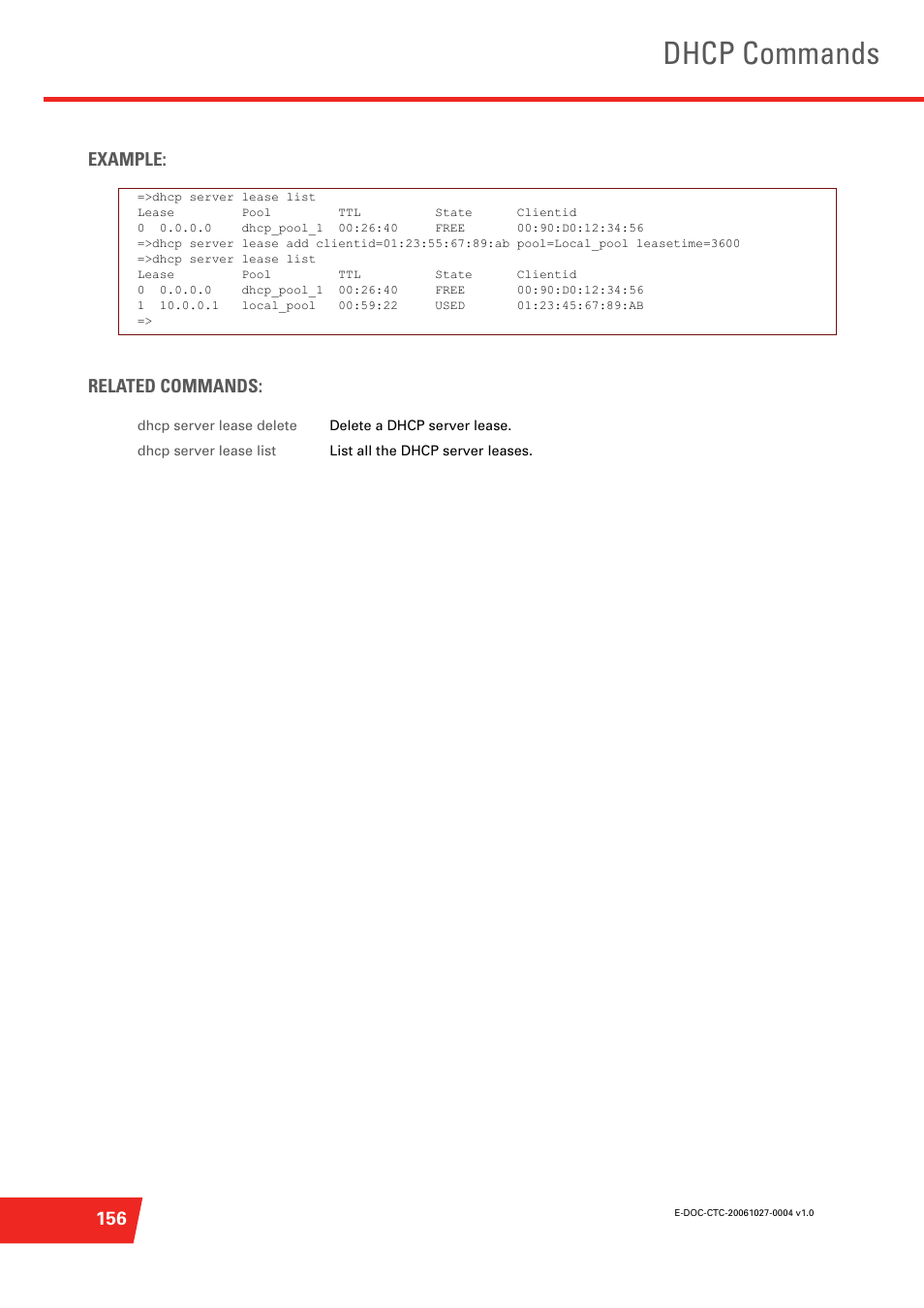 Dhcp commands, 156 example: related commands | Technicolor - Thomson ST585 V6 User Manual | Page 180 / 834