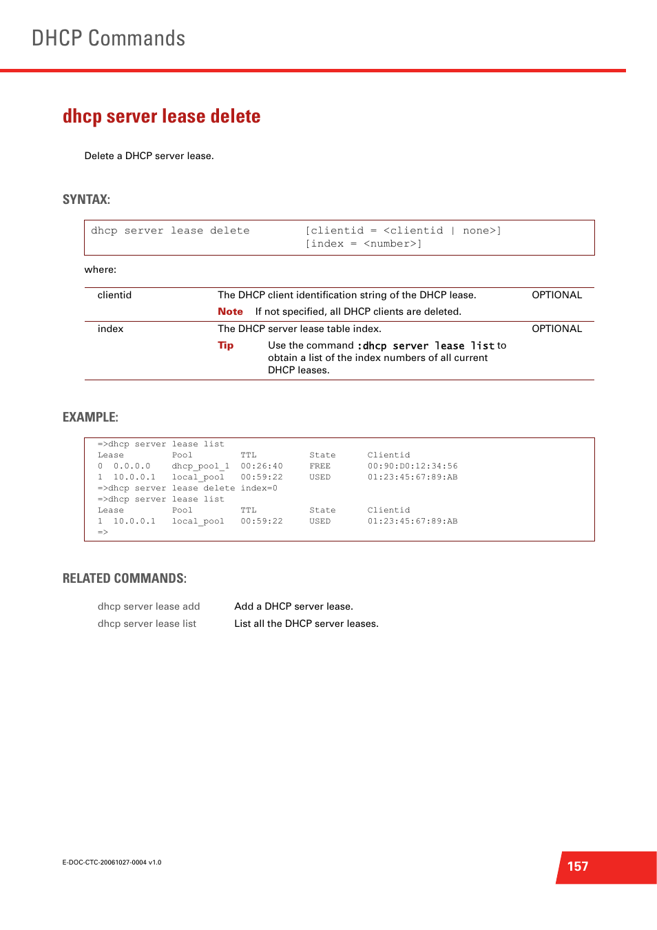 Dhcp server lease delete, Delete a dhcp server lease, Dhcp commands | Syntax, Example: related commands | Technicolor - Thomson ST585 V6 User Manual | Page 181 / 834