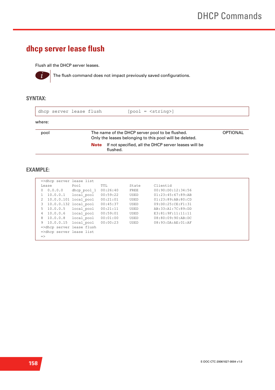 Dhcp server lease flush, Flush all the dhcp server leases, Dhcp commands | Syntax, Example | Technicolor - Thomson ST585 V6 User Manual | Page 182 / 834