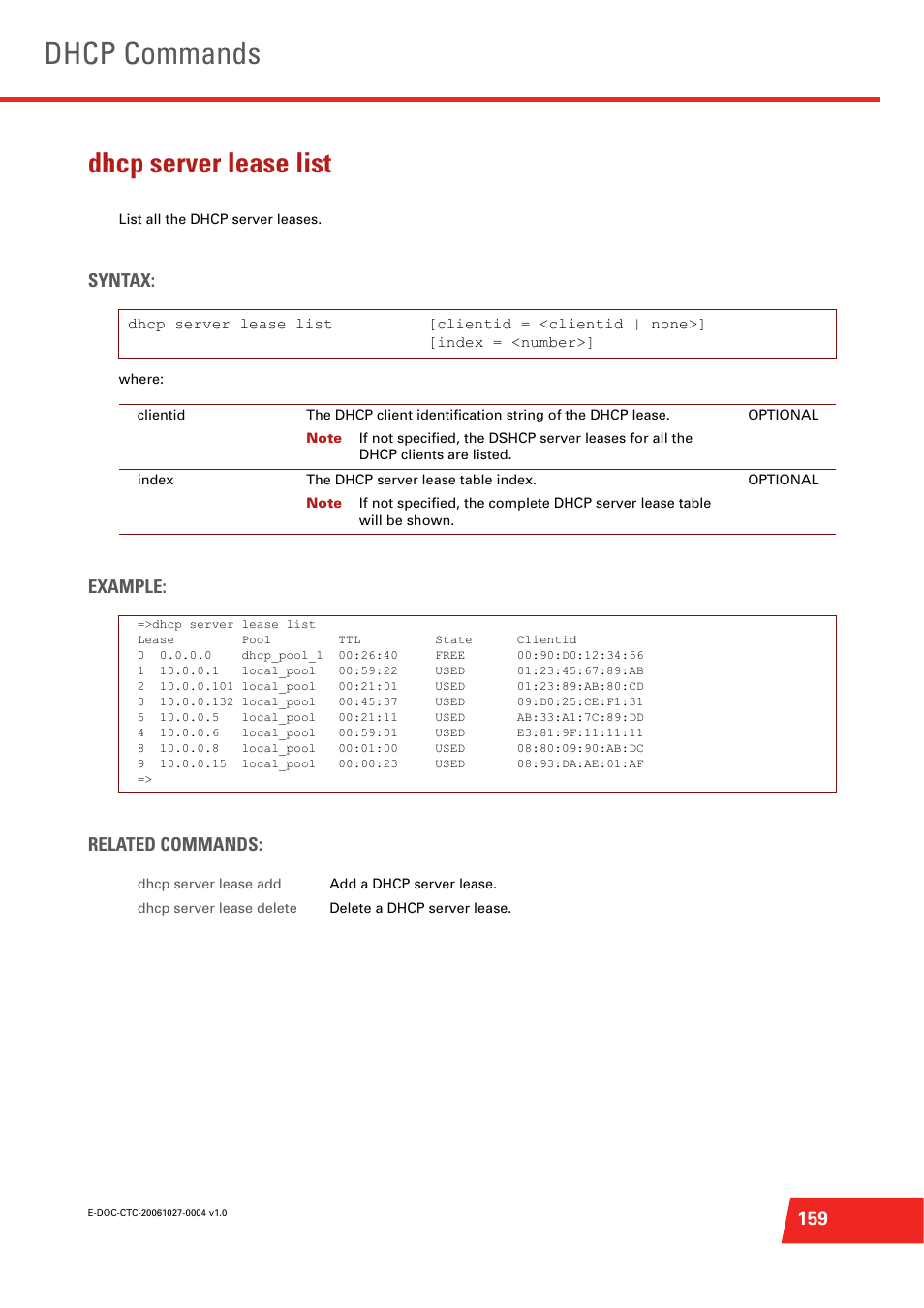 Dhcp server lease list, List all the dhcp server leases, Dhcp commands | Syntax, Example: related commands | Technicolor - Thomson ST585 V6 User Manual | Page 183 / 834