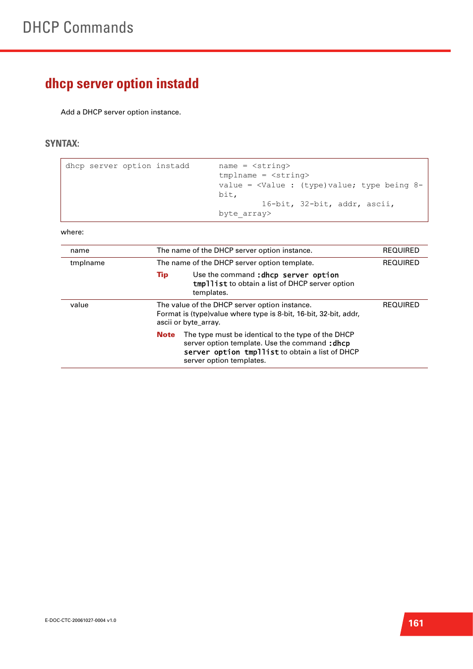 Dhcp server option instadd, Add a dhcp server option instance, Dhcp commands | Syntax | Technicolor - Thomson ST585 V6 User Manual | Page 185 / 834