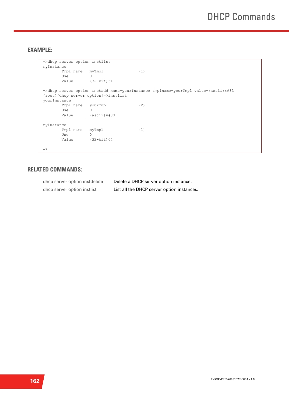 Dhcp commands, 162 example: related commands | Technicolor - Thomson ST585 V6 User Manual | Page 186 / 834