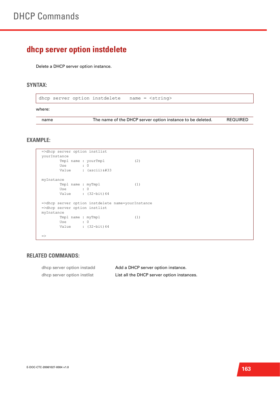 Dhcp server option instdelete, Delete a dhcp server option instance, Dhcp commands | Syntax, Example: related commands | Technicolor - Thomson ST585 V6 User Manual | Page 187 / 834