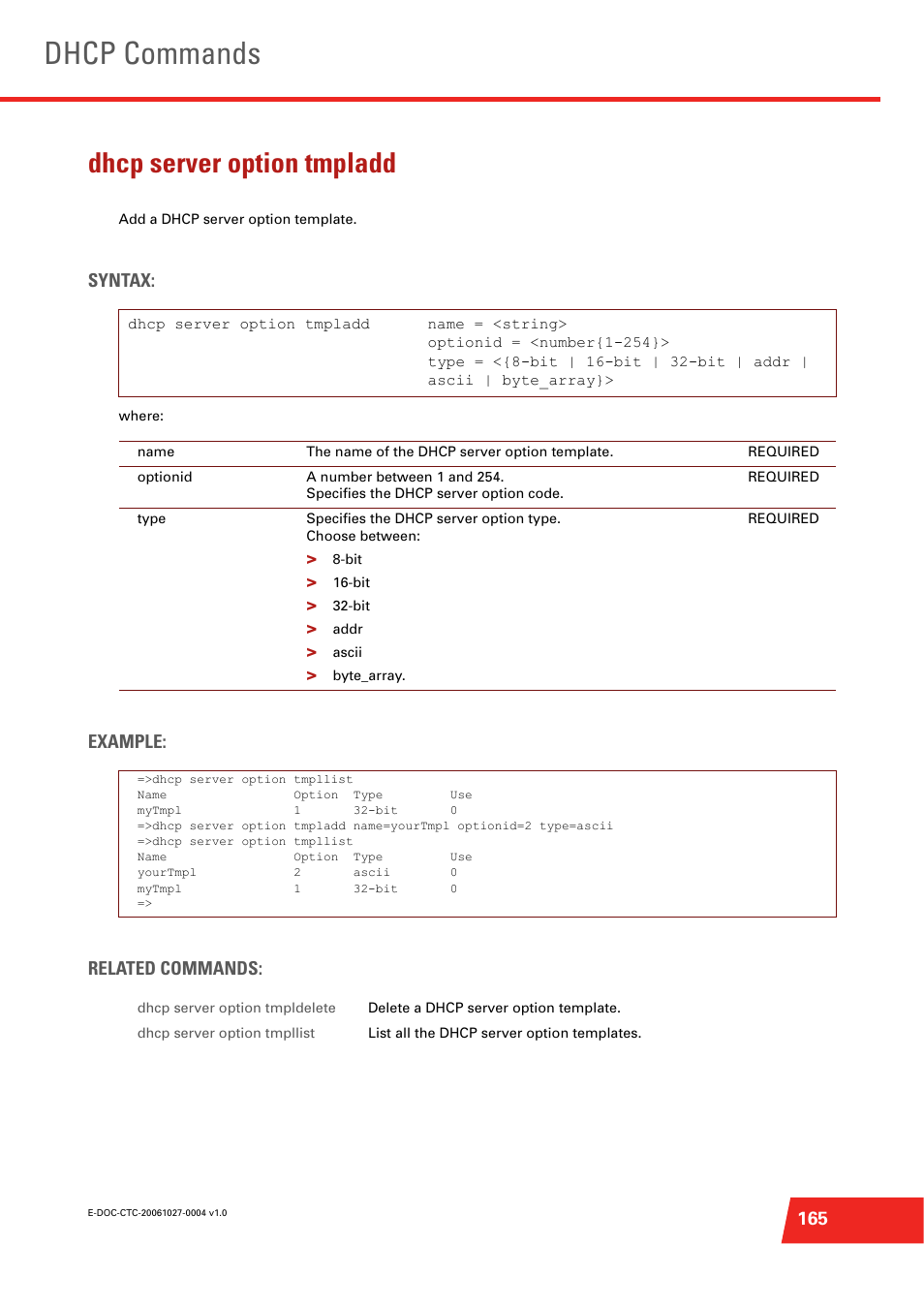 Dhcp server option tmpladd, Add a dhcp server option template, Dhcp commands | Syntax, Example: related commands | Technicolor - Thomson ST585 V6 User Manual | Page 189 / 834