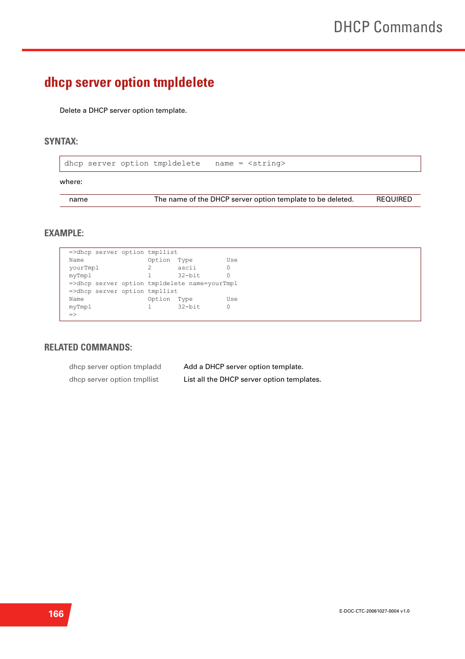 Dhcp server option tmpldelete, Delete a dhcp server option template, Dhcp commands | Syntax, Example: related commands | Technicolor - Thomson ST585 V6 User Manual | Page 190 / 834