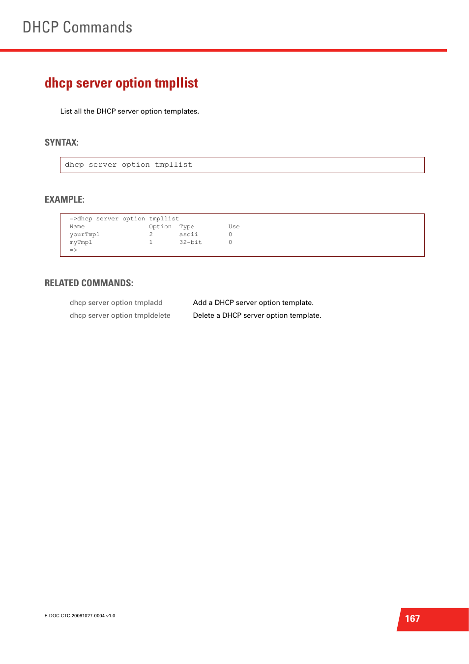 Dhcp server option tmpllist, List all the dhcp server option templates, Dhcp commands | Syntax: example: related commands | Technicolor - Thomson ST585 V6 User Manual | Page 191 / 834