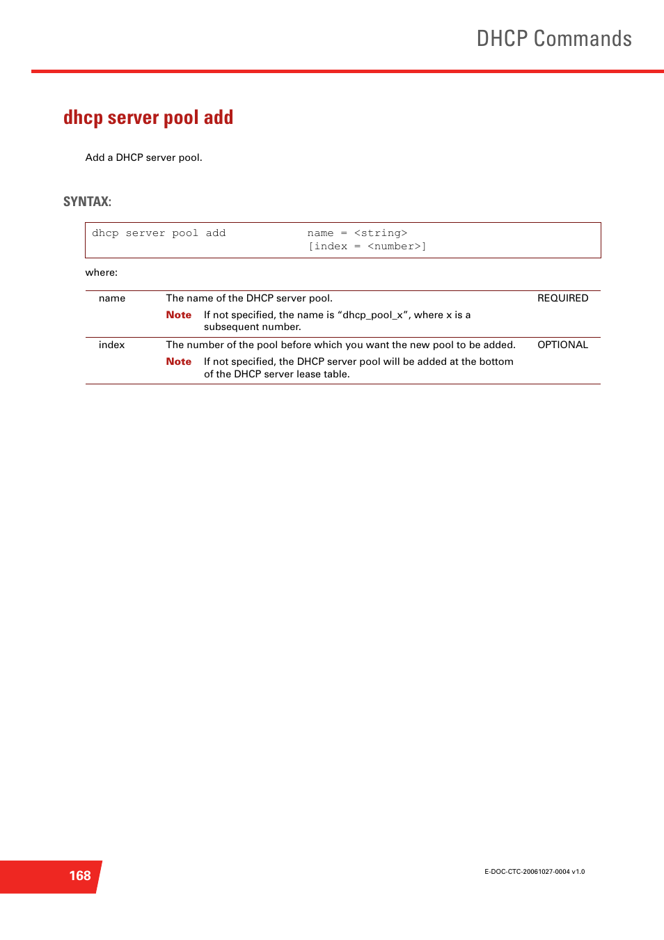 Dhcp server pool add, Add a dhcp server pool, Dhcp commands | Technicolor - Thomson ST585 V6 User Manual | Page 192 / 834