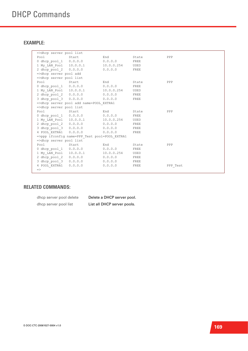 Dhcp commands, 169 example: related commands | Technicolor - Thomson ST585 V6 User Manual | Page 193 / 834