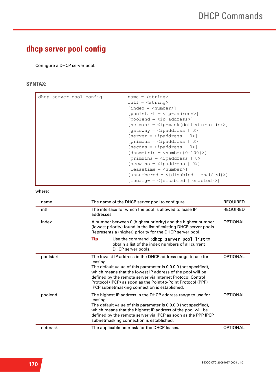 Dhcp server pool config, Configure a dhcp server pool, Dhcp commands | Syntax | Technicolor - Thomson ST585 V6 User Manual | Page 194 / 834