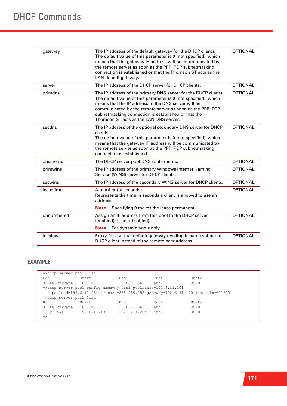Dhcp commands, 171 example | Technicolor - Thomson ST585 V6 User Manual | Page 195 / 834