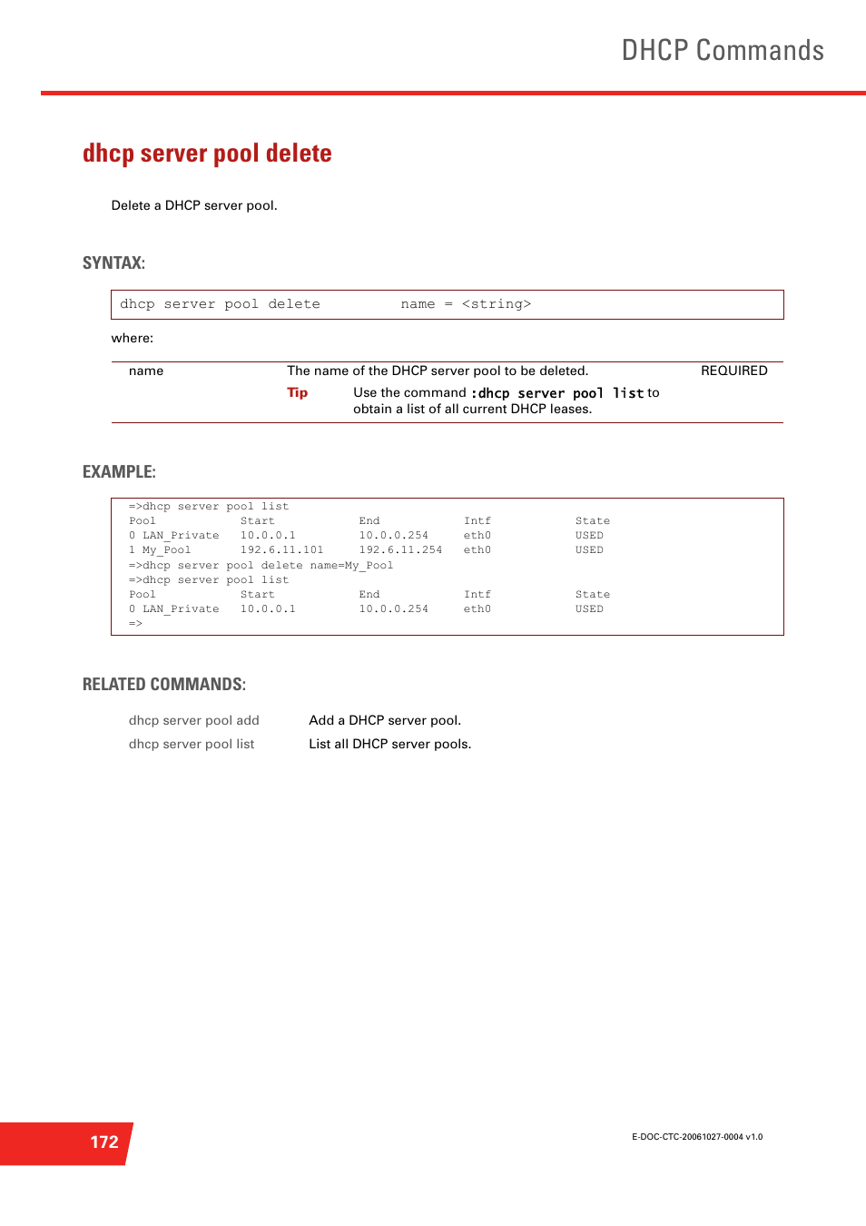 Dhcp server pool delete, Delete a dhcp server pool, Dhcp commands | Syntax, Example: related commands | Technicolor - Thomson ST585 V6 User Manual | Page 196 / 834