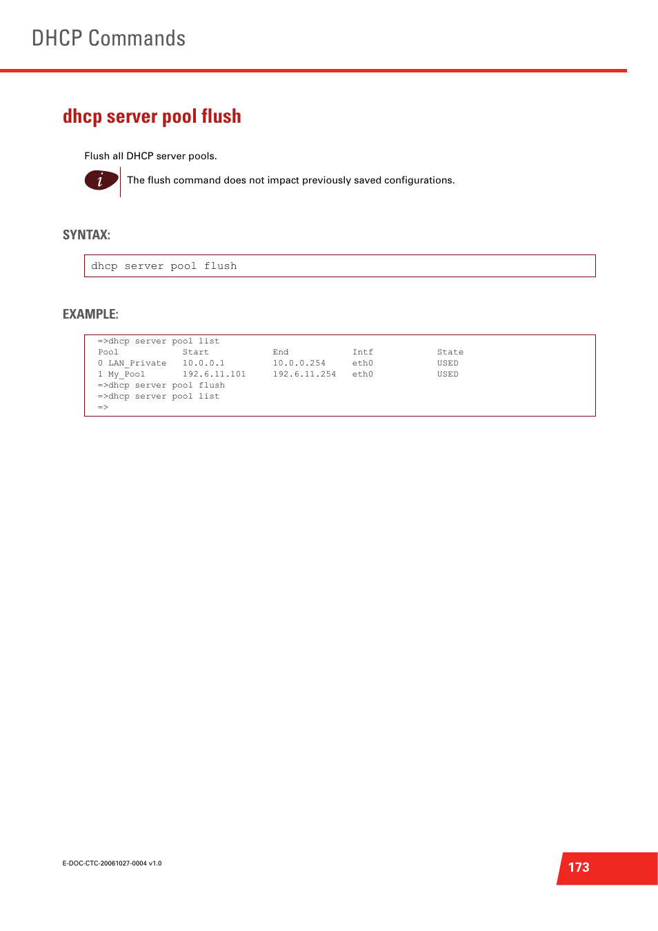 Dhcp server pool flush, Flush all dhcp server pools, Dhcp commands | Syntax: example | Technicolor - Thomson ST585 V6 User Manual | Page 197 / 834