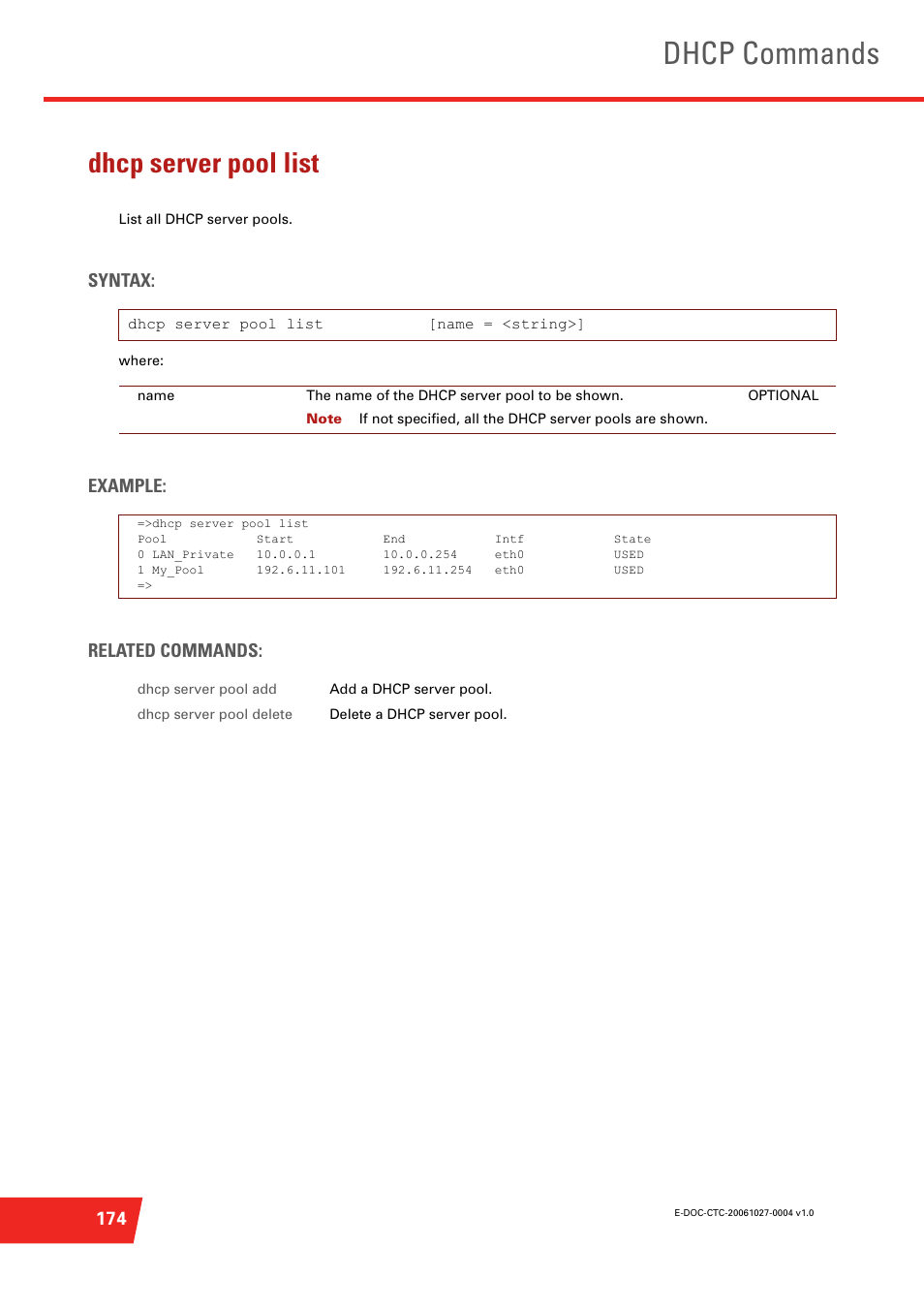 Dhcp server pool list, List all dhcp server pools, Dhcp commands | Syntax, Example: related commands | Technicolor - Thomson ST585 V6 User Manual | Page 198 / 834