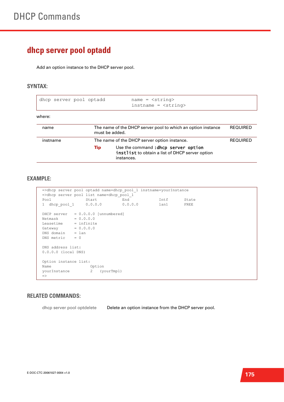 Dhcp server pool optadd, Add an option instance to the dhcp server pool, Dhcp commands | Syntax, Example: related commands | Technicolor - Thomson ST585 V6 User Manual | Page 199 / 834