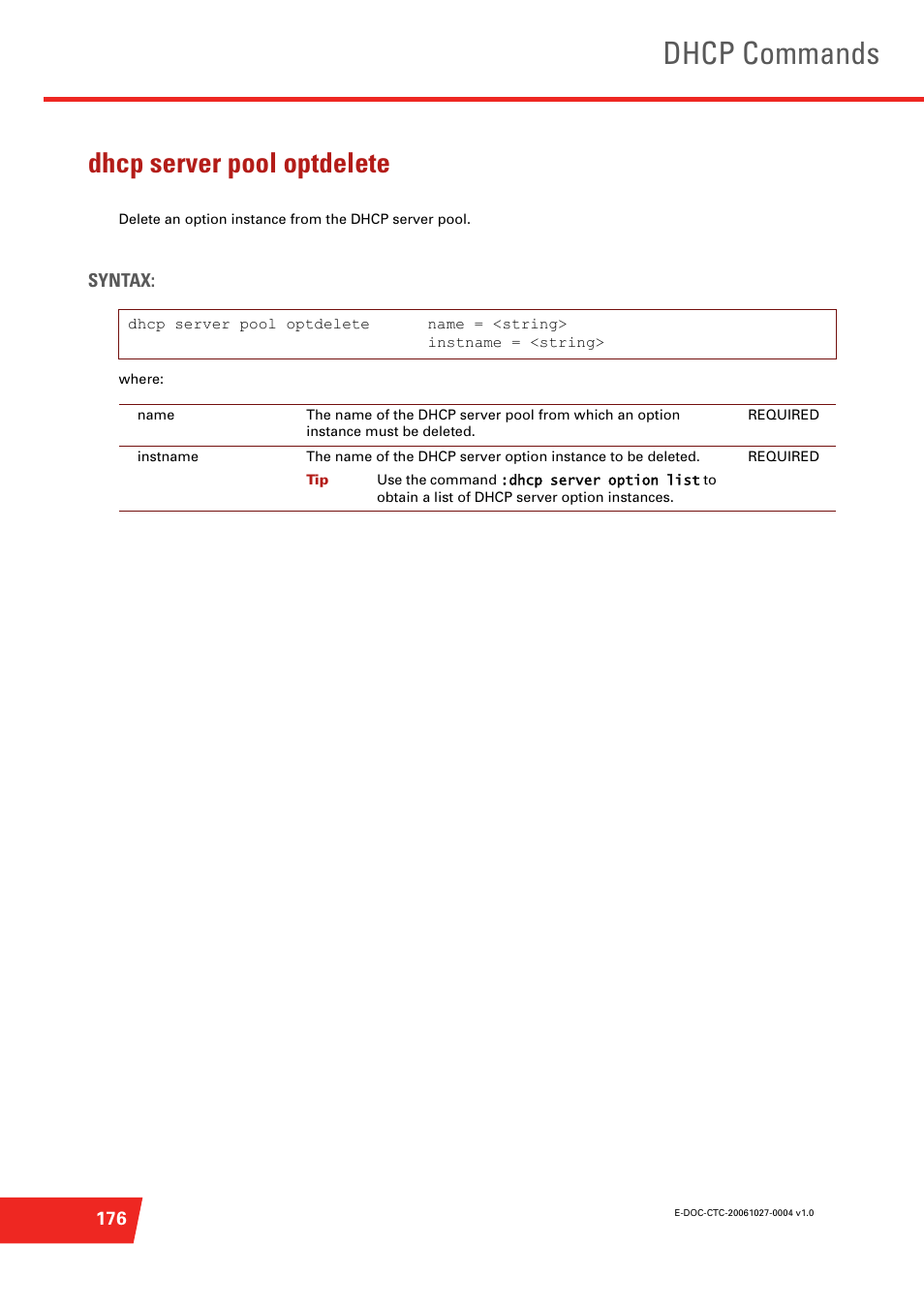 Dhcp server pool optdelete, Dhcp commands | Technicolor - Thomson ST585 V6 User Manual | Page 200 / 834