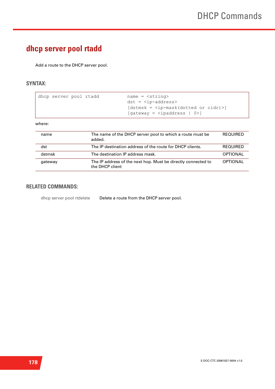 Dhcp server pool rtadd, Add a route to the dhcp server pool, Dhcp commands | Technicolor - Thomson ST585 V6 User Manual | Page 202 / 834