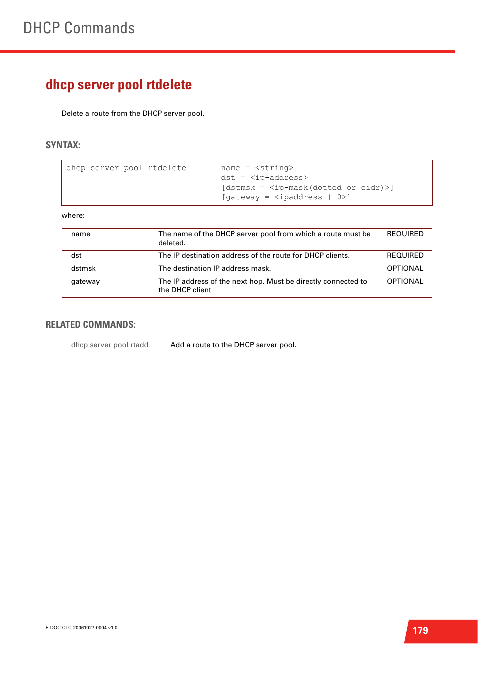 Dhcp server pool rtdelete, Delete a route from the dhcp server pool, Dhcp commands | Technicolor - Thomson ST585 V6 User Manual | Page 203 / 834