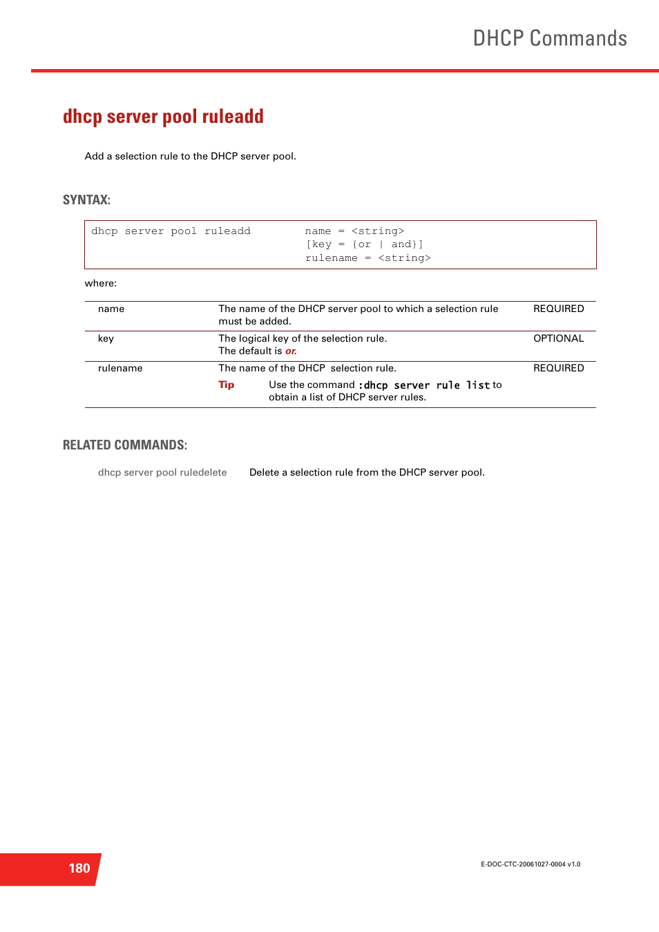 Dhcp server pool ruleadd, Add a selection rule to the dhcp server pool, Dhcp commands | Technicolor - Thomson ST585 V6 User Manual | Page 204 / 834