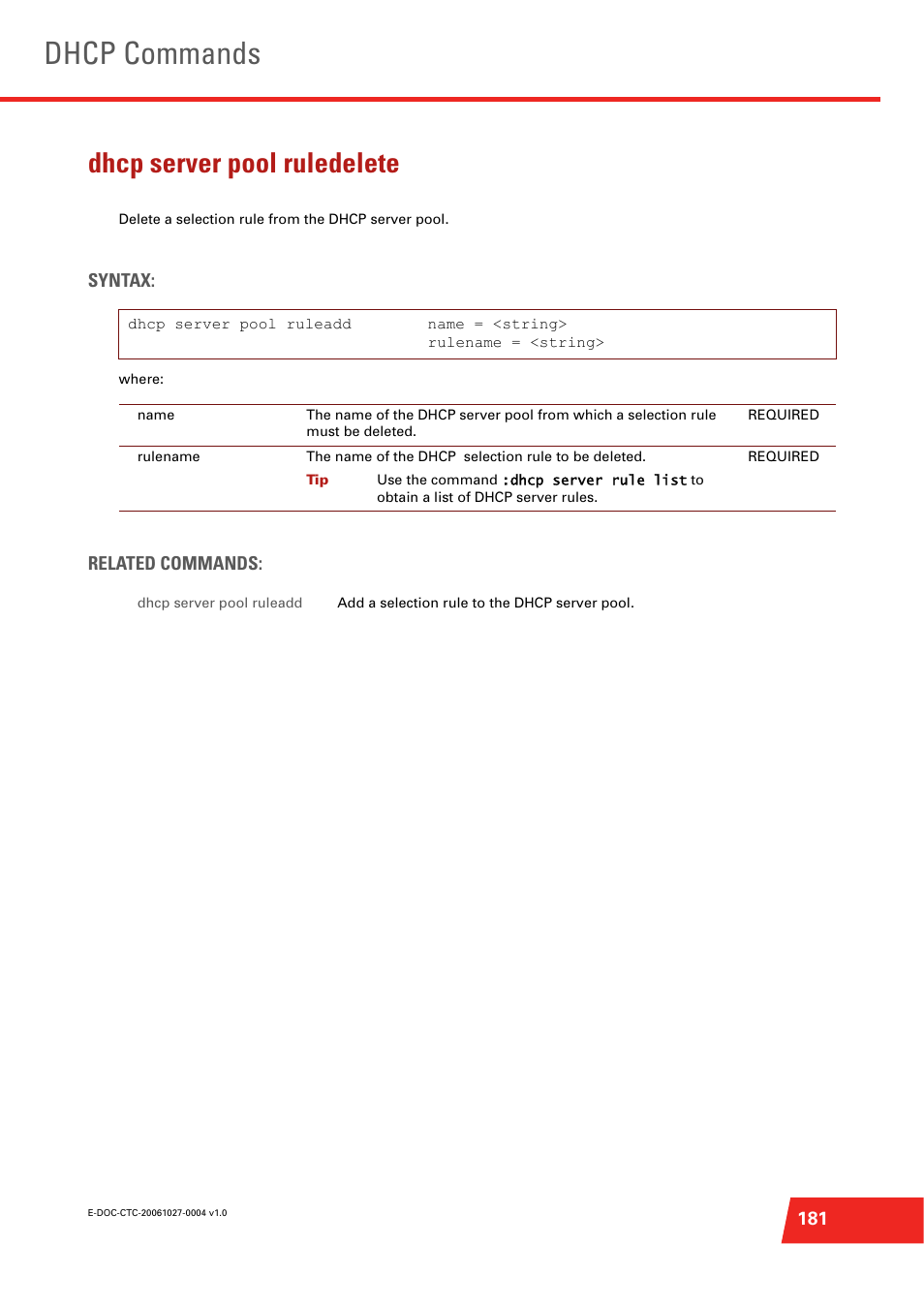 Dhcp server pool ruledelete, Delete a selection rule from the dhcp server pool, Dhcp commands | Technicolor - Thomson ST585 V6 User Manual | Page 205 / 834