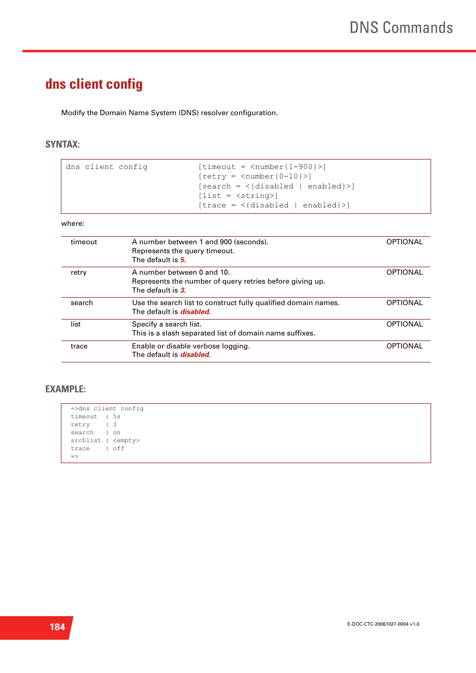 Dns client config, Dns commands, Syntax | Example | Technicolor - Thomson ST585 V6 User Manual | Page 208 / 834