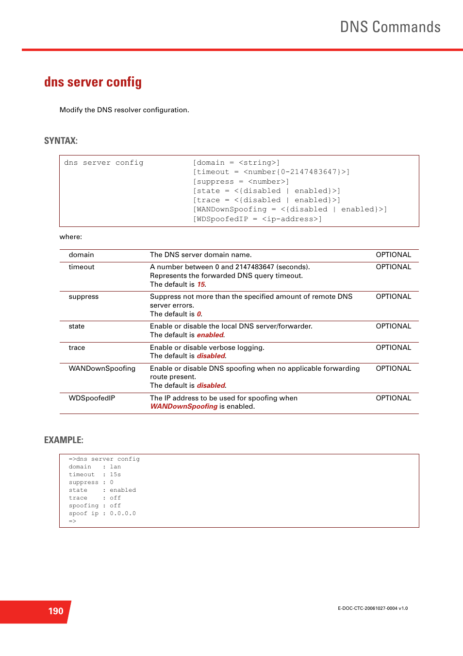 Dns server config, Modify the dns resolver configuration, Dns commands | Syntax, Example | Technicolor - Thomson ST585 V6 User Manual | Page 214 / 834