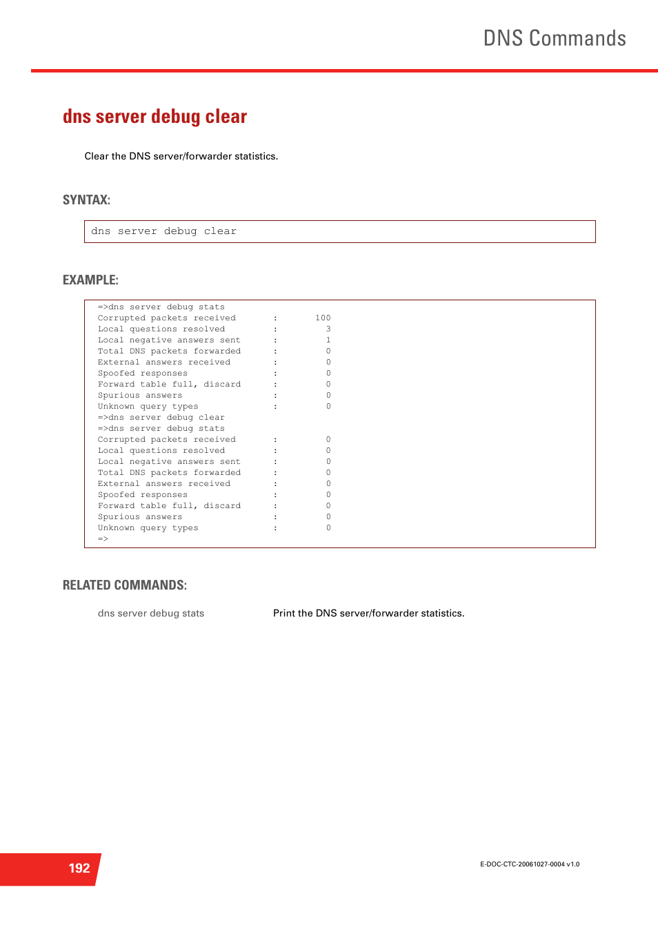 Dns server debug clear, Clear the dns server/forwarder statistics, Dns commands | Syntax: example: related commands | Technicolor - Thomson ST585 V6 User Manual | Page 216 / 834