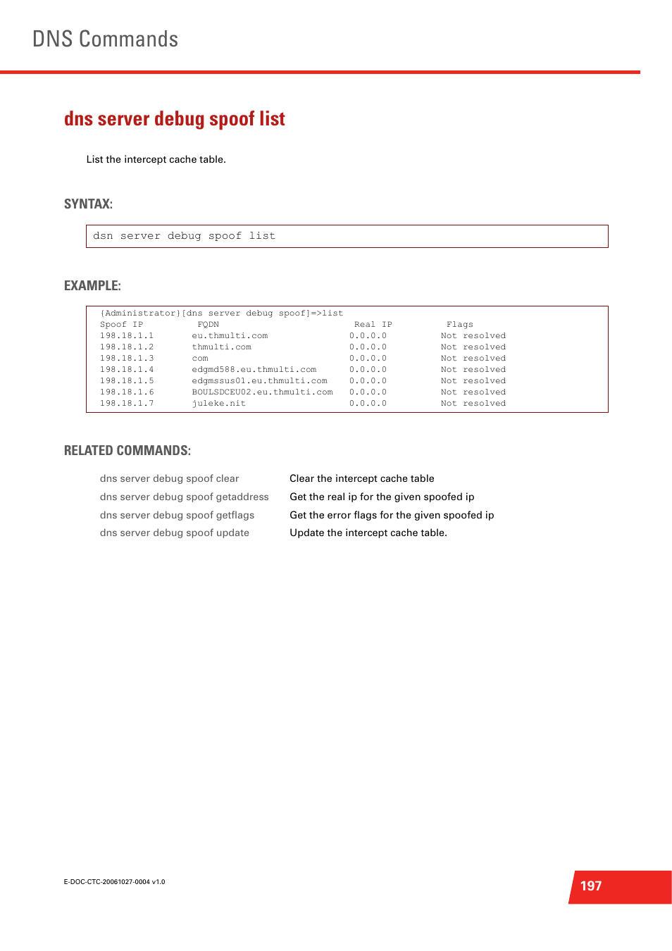 Dns server debug spoof list, List the intercept cache table, Dns commands | Technicolor - Thomson ST585 V6 User Manual | Page 221 / 834